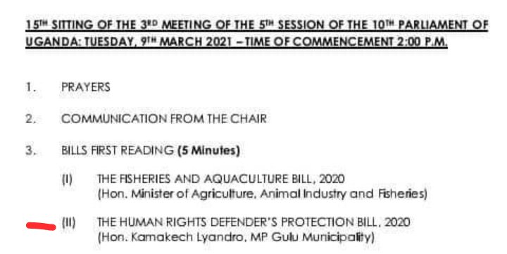 Parliament of Uganda Order paper 9th March 2021