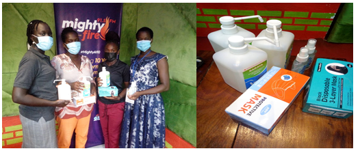 Ms. Amono Jackline and Ms. Angeno Rose, from Mighty fire FM used the Covid relief to buy face masks and sanitizers which they supplied to fellow work mates. They appreciated WHRDN-U for the support that enabled them to continue carrying out their journalism work.