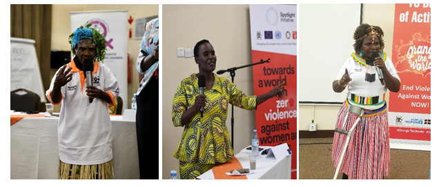 Ms. Edreda Dingolo (on the right), a defender for Batwa tribe in Bundibudyo distrct, Ms. Halima Nalongo (in the middle) a defender for land, environmental, oil and extractives, and Ms. Chelian Dorcus (on the left), a defender fighting FGM and early marriages in Amudat district express themselves during the launch.