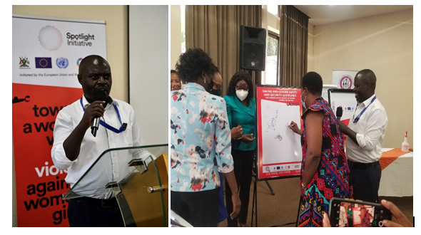 Mr. Thomas (on the right), a representative from EU Delegation to Uganda speaking to women human rights defenders during the launch. On the right, WHRDN-U board chairperson Ms. Margaret Kyemba signing on the launch paper.